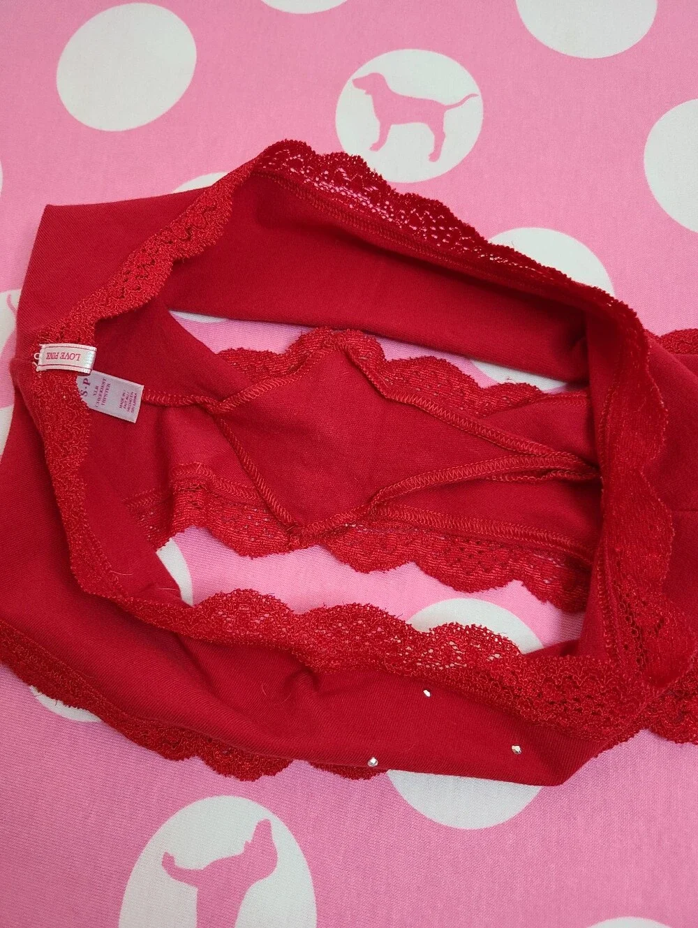 VTG VS PINK Studded Cotton Lace Trim XLR Cheekiest Hipster Panty Size Sm Red